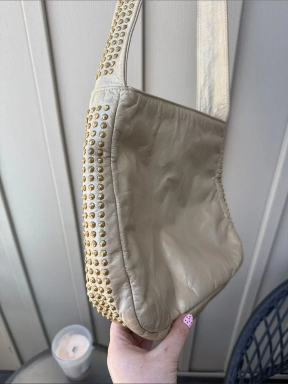 PINKY Genuine Leather Studded Metallic Cream Shoulder / Crossbody Bag